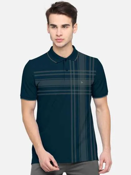 BULLMER Men Navy Blue Striped Polo Collar Bio Finish T-shirt