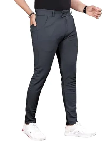 MiraMichi Slim Fit Men's Formal Trousers - Solid Lycra Blend, Ideal for Formal Occasions, Stylish (32, Dark Grey)