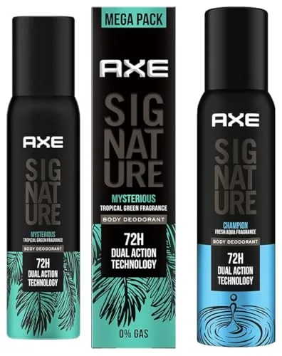 AXE Signature Mysterious Long Lasting No Gas Aerosol Body Deodorant For Men 200 Ml & AXE Signature Champion No Gas Body Deodorant Bodyspray For Men 154 Ml, Pack of 1